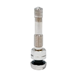 Chrome-plated metal clamp-in truck valve with threaded body and knurled cap for aluminum wheels