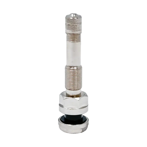 Chrome-plated metal clamp-in truck valve with threaded body and knurled cap for aluminum wheels