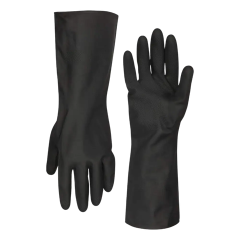 A pair of black chemical resistant aa flexzilla pro hd neoprene cleaning gloves with 13 inch long cuff for tire paint use