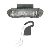 Silver AA i7 uncoated clip-on wheel weight on metallic tray for medium-duty trucks