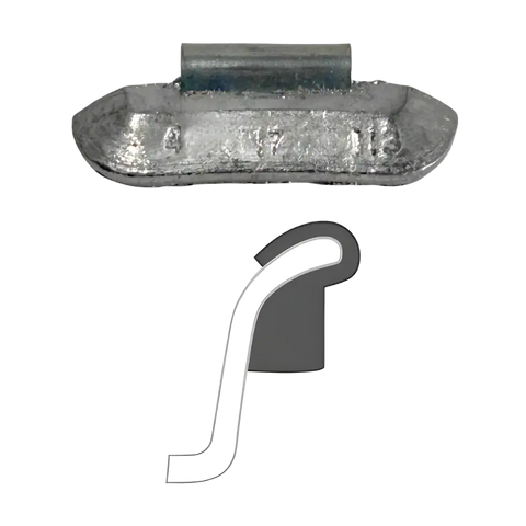 Silver AA i7 uncoated clip-on wheel weight on metallic tray for medium-duty trucks