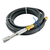 Coiled black rubber hose with metal fittings at each end.