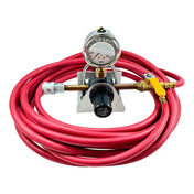 Pressure gauge with red hose and valve assembly for air or fluid systems.