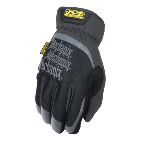 Black and gray Mechanix brand work glove with yellow logo.