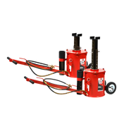 Red 10 ton air lift jack pair with black hydraulic components and wheels