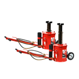Red 10 ton air lift jack pair with black hydraulic components and wheels