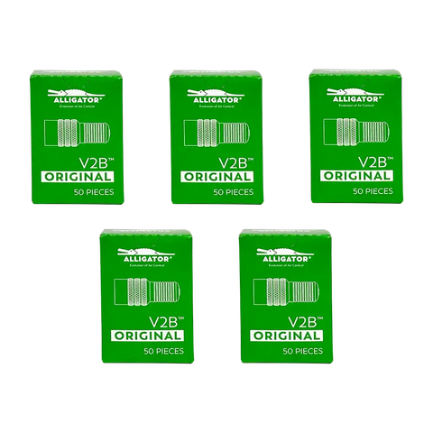 Five green Alligator V2B Gator tire valve boxes with 50 caps each for easy tire pressure check