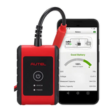 Autel MaxiBAS BT608 car battery tester with red clip on smartphone diagnostics