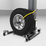 Tire and wheel assembly on BendPak RWS-200WL with yellow strap, Gaither Wheel Assist compatible