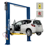 Automotive lift with white car; Challenger CL10AV3-DPC-QC versymmetric 2-post with dual pendant