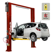 Red car on Challenger CL10AV3-DPC-QC versymmetric 2-post lift with dual pendant control