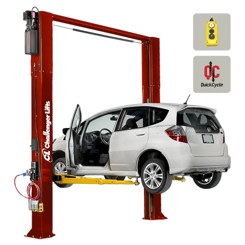 Red car on Challenger CL10AV3-DPC-QC versymmetric 2-post lift with dual pendant control