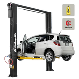 Automotive lift with white car, Challenger CL10AV3-DPC-QC, versymmetric 2-post, dual pendant