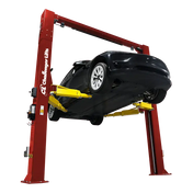 Red Challenger CL12A-LC low ceiling 2-post lift with 5in arm reach and black car