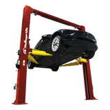 Red Challenger CL12A-LC low ceiling 2-post lift with 5in arm reach and black car