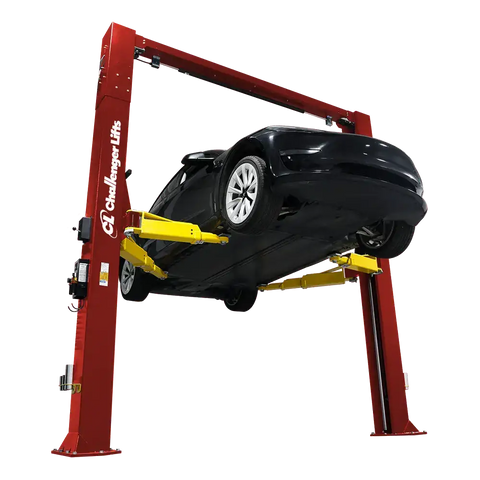 Red Challenger CL12A-LC low ceiling 2-post lift with 5in arm reach and black car