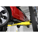 Red car on Challenger CL12A 2-post lift with ali certified 12k capacity and ceiling height needed