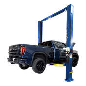 Blue 2-post lift holding dark pickup truck, ali certified 12k, requires ceiling height