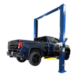 Blue 2-post lift holding dark pickup truck, ali certified 12k, requires ceiling height