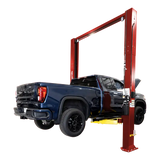 Blue pickup on Challenger CL12A 2-post lift with ali certified 12k capacity and adjustable width
