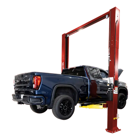 Blue pickup on Challenger CL12A 2-post lift with ali certified 12k capacity and adjustable width
