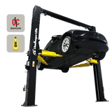 Black 2-post lift with yellow arms and dual pendant controls supporting a black car