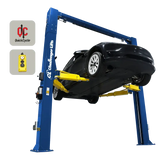 Challenger CL12A-LC 2-post lift with dual pendant controls and a black car on it