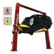 Red 2-post lift with dual pendant controls holding black car, CL12A-LC model