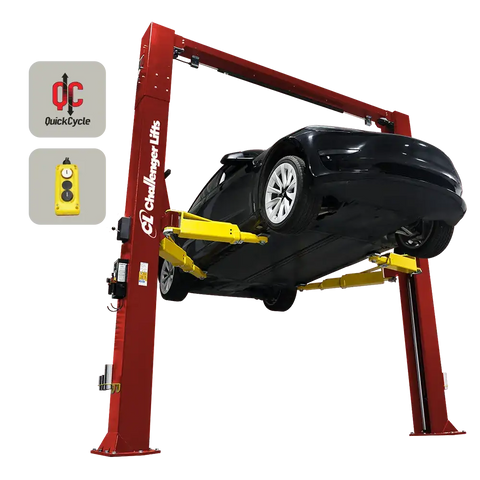 Red 2-post lift with dual pendant controls holding black car, CL12A-LC model