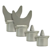 Gray plastic bottle nipples and caps in descending size, perfect for Challenger CL16 adapter