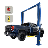 Dark blue pickup on Challenger Quick Cycle 12K 2-Post Lift with dual pendant controls