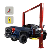 Red Challenger Quick Cycle 12K 2-Post Lift with dual pendant controls and blue pickup