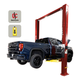 Red Challenger Quick Cycle 12K 2-Post Lift with dual pendant controls and blue pickup