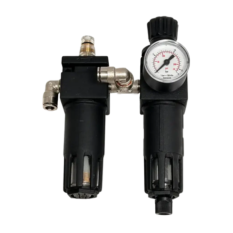 Black air filter and pressure regulator assembly with silver fittings for Sm951 Ti Jumbo tire changing machines