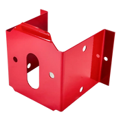 Red metal bracket or mounting plate with various holes and cutouts.