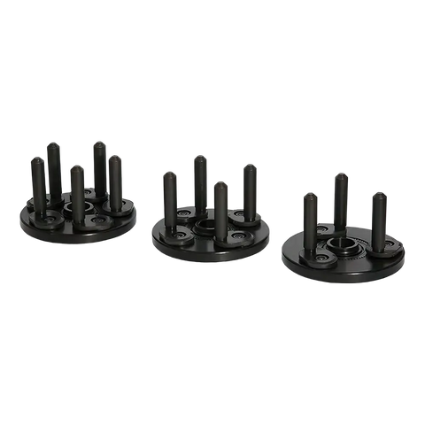 Three black metal clutch pressure plates for Coats 85610104 OEM Adjustable Pin Plate Set, wheel balancer adapter, lugs pin plate