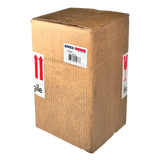 Cardboard shipping box with red arrow markings and a shipping label.