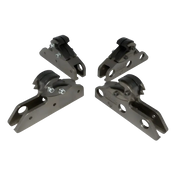 Four metallic gray industrial-style cargo tie-down clamps with black rubberized grips and bolted fastening points.
