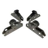 Four metallic gray industrial-style cargo tie-down clamps with black rubberized grips and bolted fastening points.