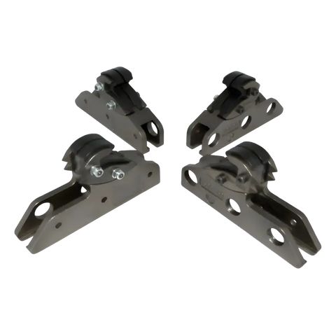Four metallic gray industrial-style cargo tie-down clamps with black rubberized grips and bolted fastening points.