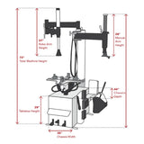 Coats RC-55 Air motorcycle tire changer with 72-inch tall chassis, 37-inch robo-arm, 28-inch manual arm, and stiff sidewall assist