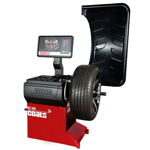 Coats RC-550 wheel balancer with red black design, small footprint for light-truck wheels