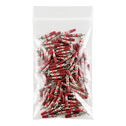 Plastic bag filled with red and silver electrical connectors or terminals.