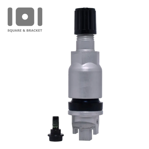 Gray plastic valve or connector with a black cap and small detached screw component.