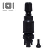 Black cylindrical device with multiple segments and a protruding top portion.