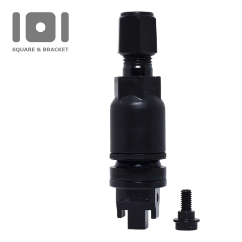 Black cylindrical device with multiple segments and a protruding top portion.