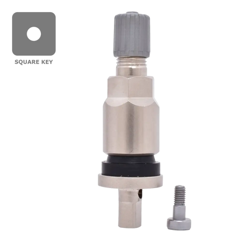 Metal valve or sensor component with a cylindrical body and adjustable top.