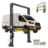 Vehicle lift with white van using Forward DP15 15K heavy-duty two-post lift and adapter extensions
