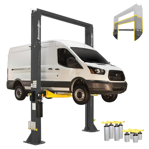 Vehicle lift with white van using Forward DP15 15K heavy-duty two-post lift and adapter extensions