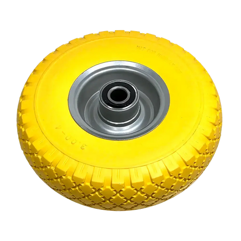 Bright yellow rubber wheel with silver hub and bearing for Gaither G471147HD3-15 tc400 tire cart
